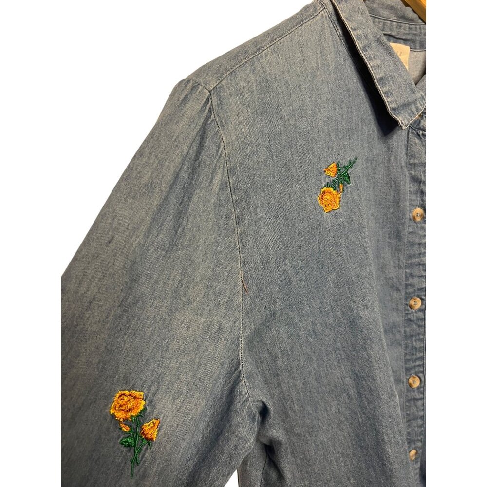 VTG Harper Heritage Women XL Denim Shirt Yellow Rose Embroidery Asymmetrical Hem - Picture 8 of 16